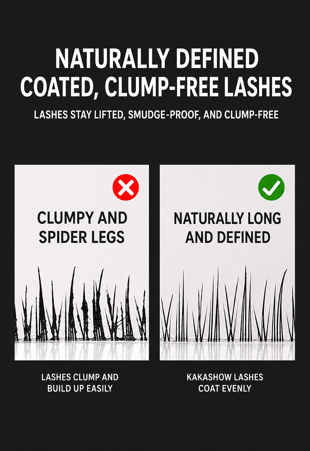 Clumpy lashes compared with separated defined lashes